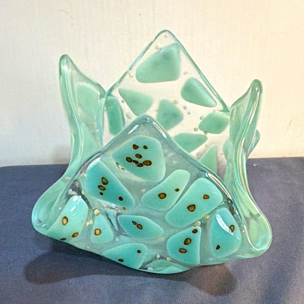 Art Glass Handkerchief Teal Votive Tealight Holder Draped Fused Glass 4"